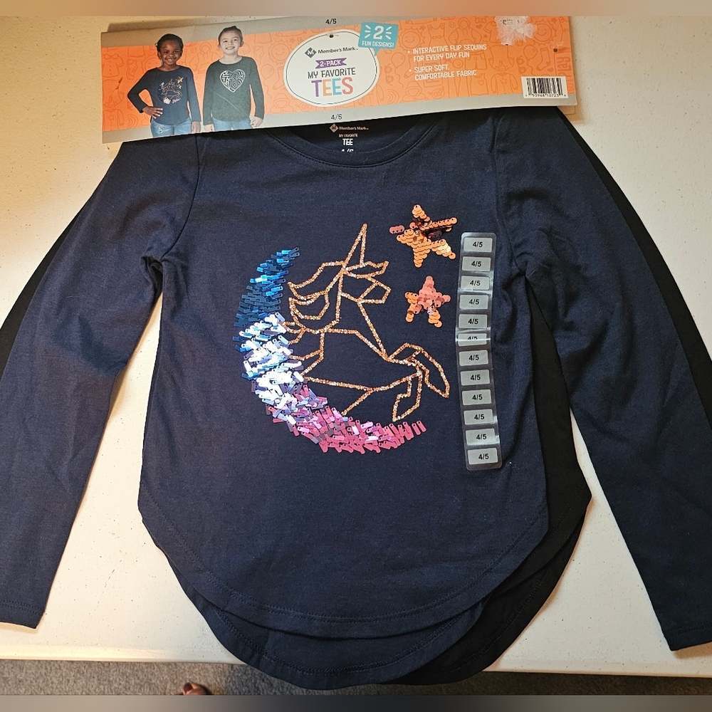 Members Mark - Girls 2 pack long sleeve graphic shirts.